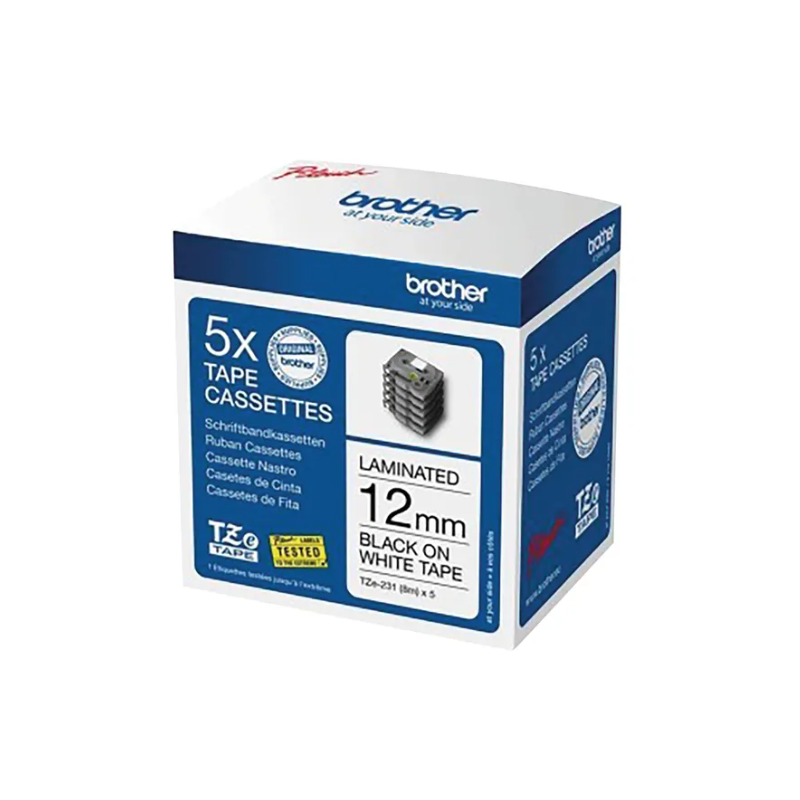 BrotherPtouch TZE231 12mm Black on White - 5 Pack